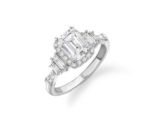 Emerald Cut Side Stone Setting Engagement Ring 