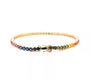 Yellow Gold Diamond Cut Rainbow Sapphire Riviere Tennis Bracelet Set With Sapphire