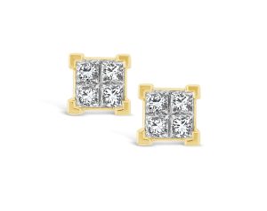 Yellow Gold Princess Cut Invisible Set Diamond Earrings