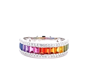 white gold diamond & sapphire multirow ring