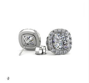 cushion shape diamond earrings with diamond pavÉ set halo