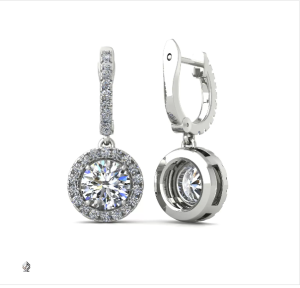 white gold round brilliant cut diamond hanging hoop earrings with diamond halo