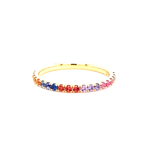 yellow gold diamond cut rainbow sapphire half eternity ring