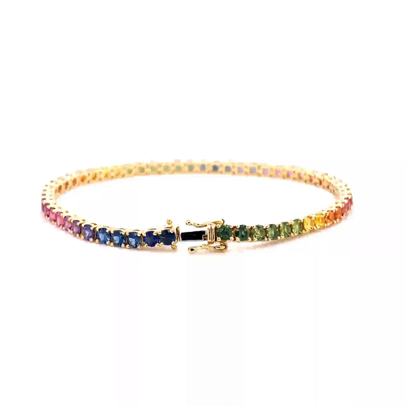 18k rose gold diamond cut rainbow sapphire riviere tennis bracelet set with 5.74 ct sapphire Photos & images