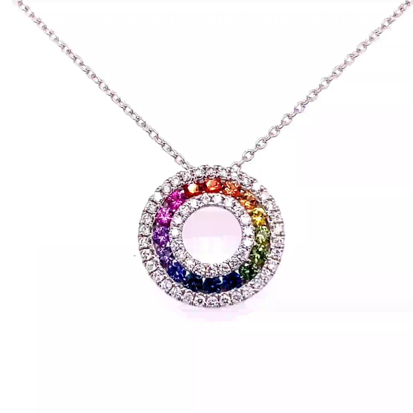 18k white gold mini multirow diamond & rainbow diamond cut sapphire circle eternity pendant set with 0.32 ct diamonds and 0.55 ct sapphires Photos & images