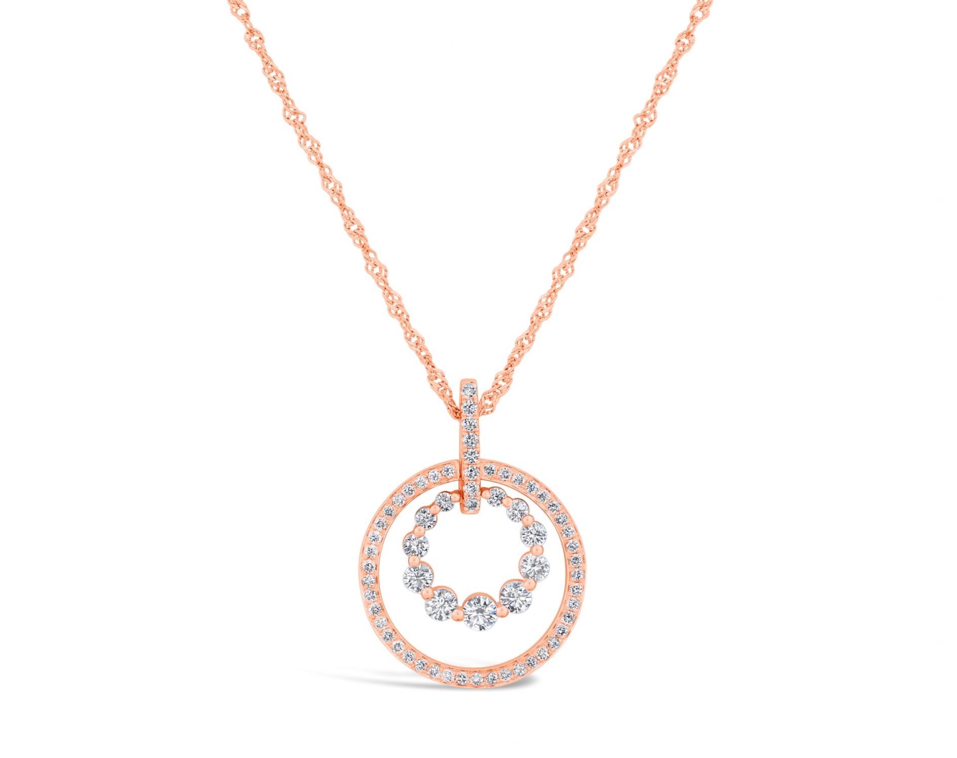 18k rose gold double circle pendant with upstones