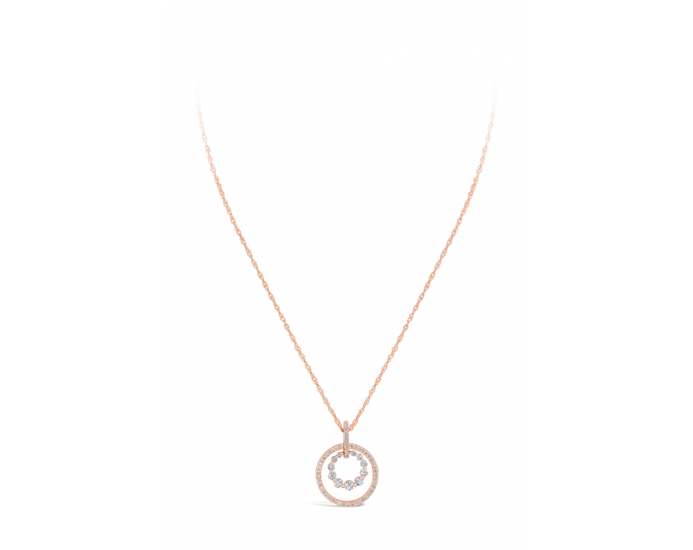 18k rose gold double circle pendant with upstones