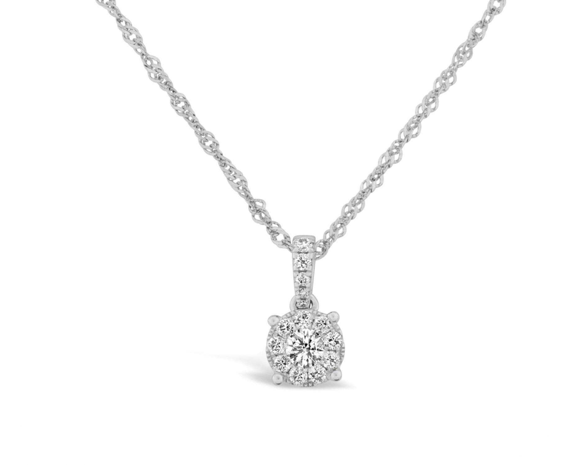 18k white gold halo illusion set diamond pendant with upstones