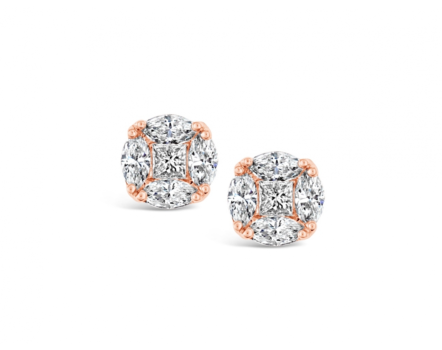 18k yellow gold illusion set stud earrings with princess & marquises diamonds Photos & images
