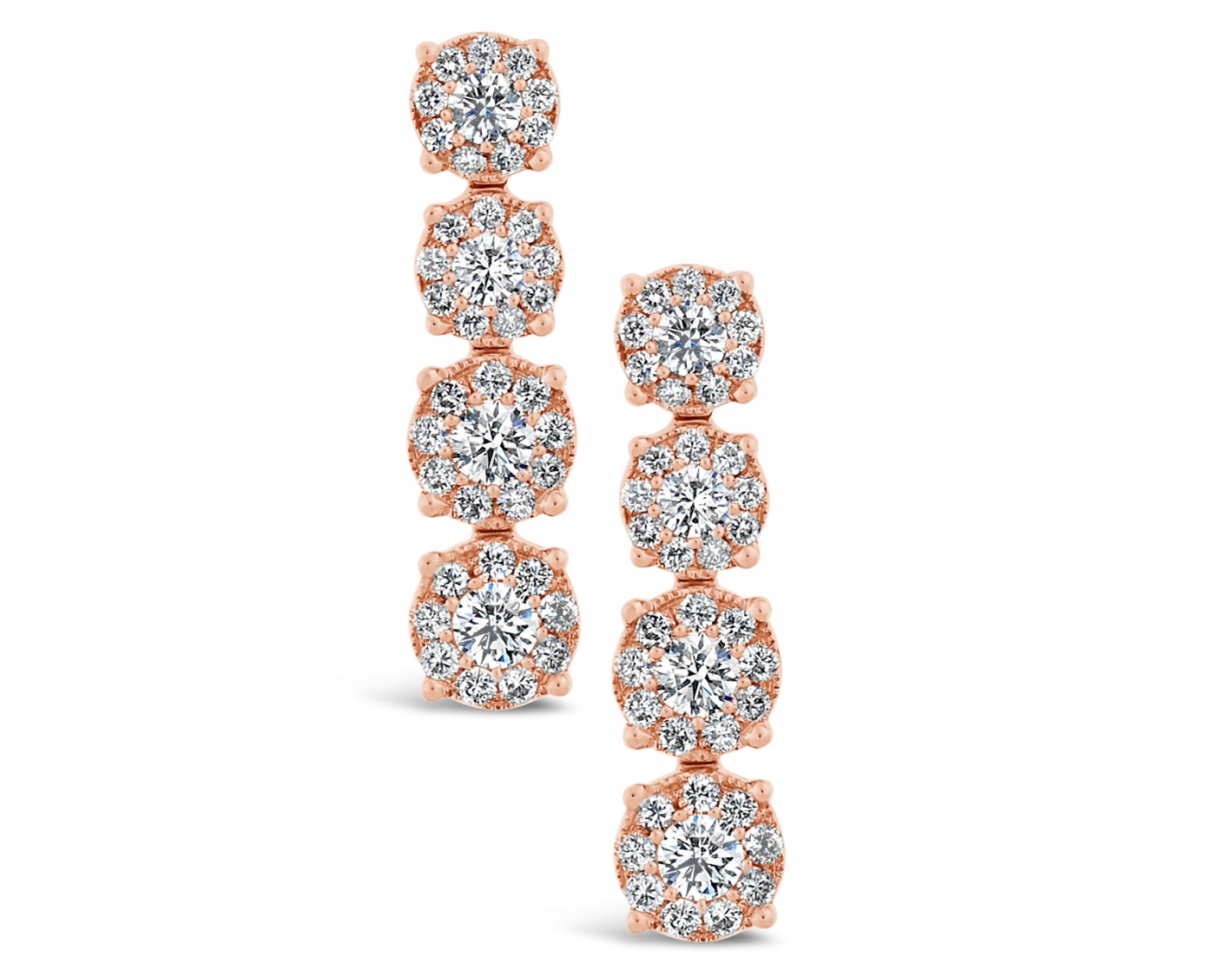 18k rose gold halo illusion set hanging diamond earrings