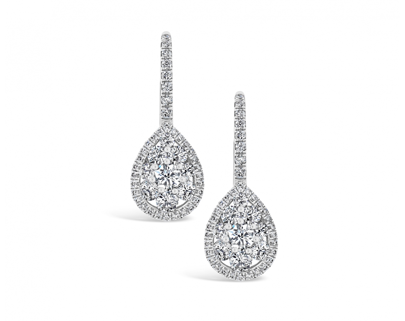 18K WHITE GOLD PEAR SHAPED ILLUSION SET DIAMOND EARRINGS WITH ROUND UPSTONES
