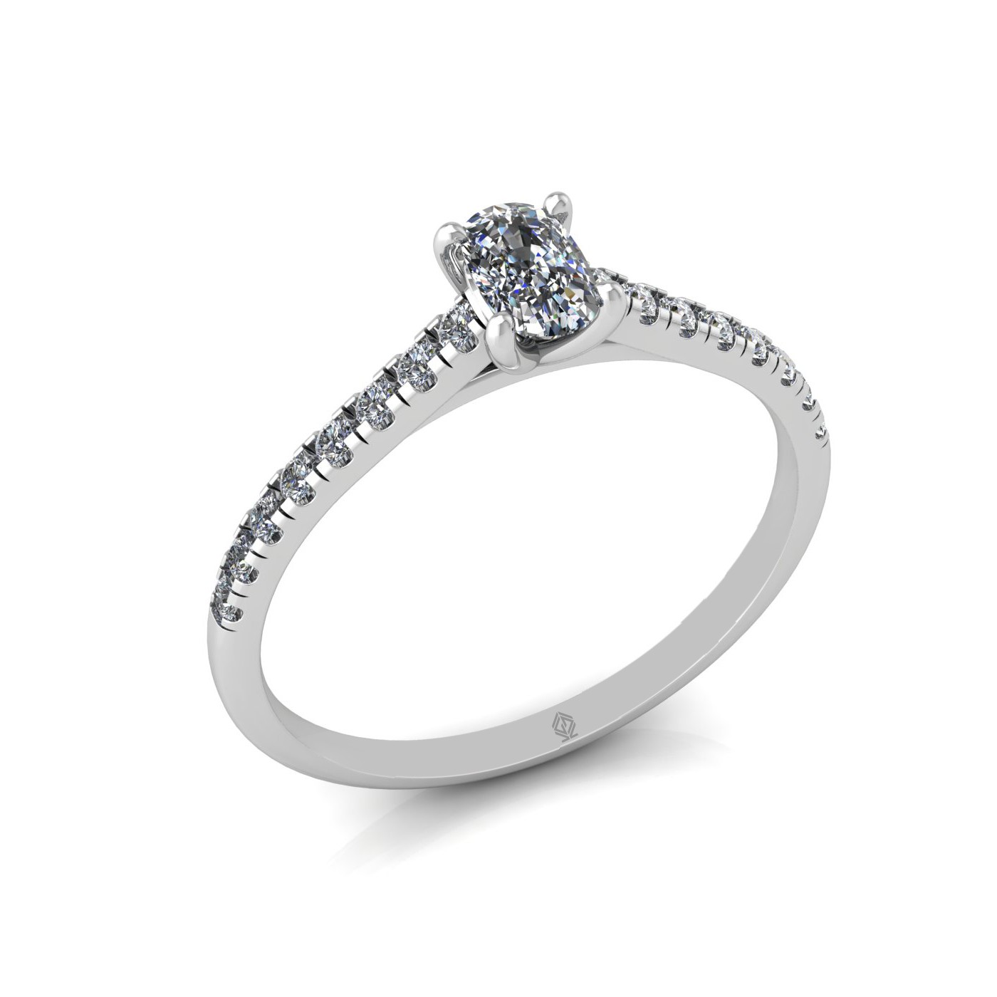 18k white gold  4 prongs elongated cushion cut diamond engagement ring with whisper thin pavÉ set band