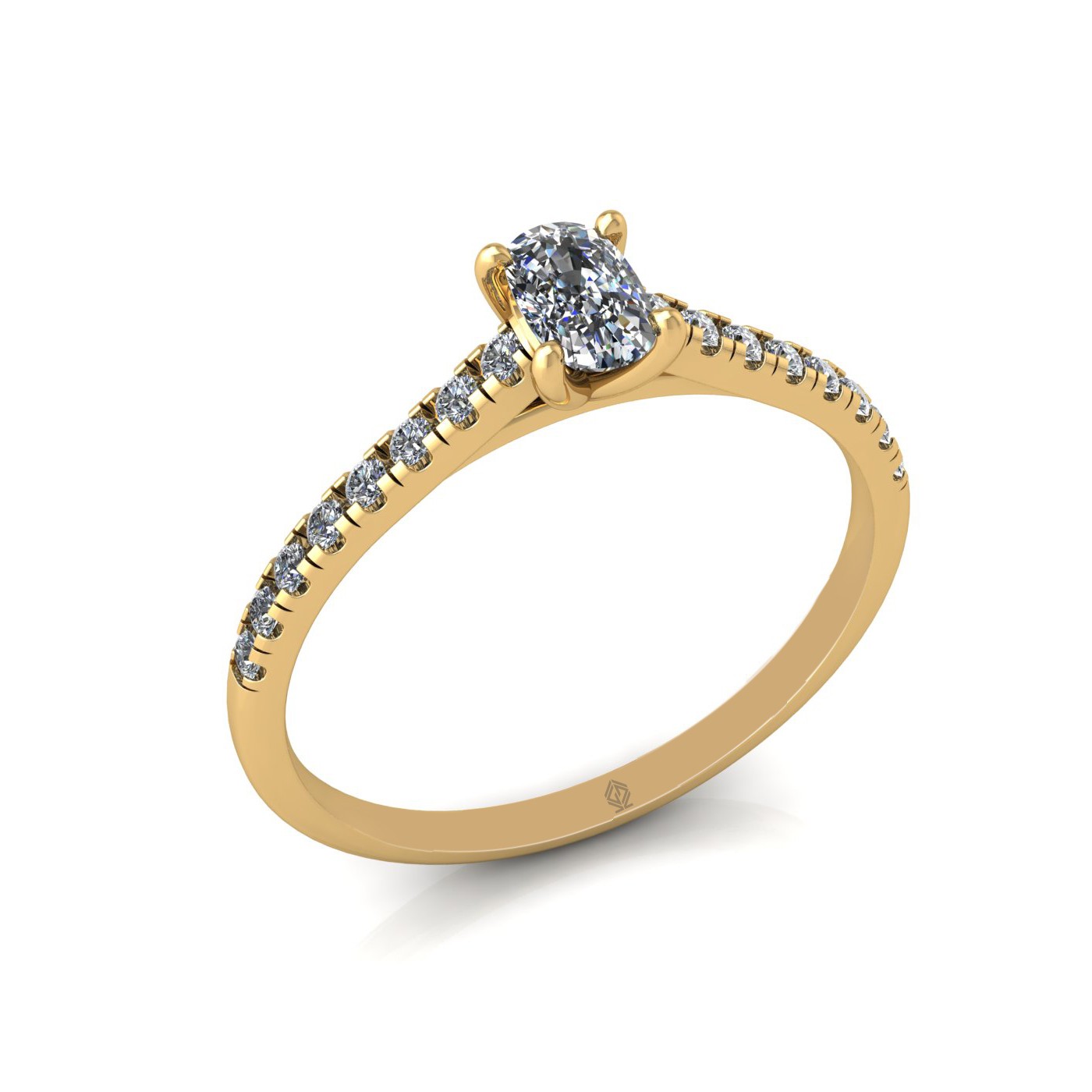 18k yellow gold  4 prongs elongated cushion cut diamond engagement ring with whisper thin pavÉ set band