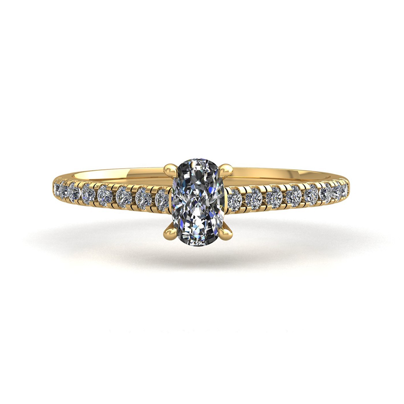 18k yellow gold  4 prongs elongated cushion cut diamond engagement ring with whisper thin pavÉ set band