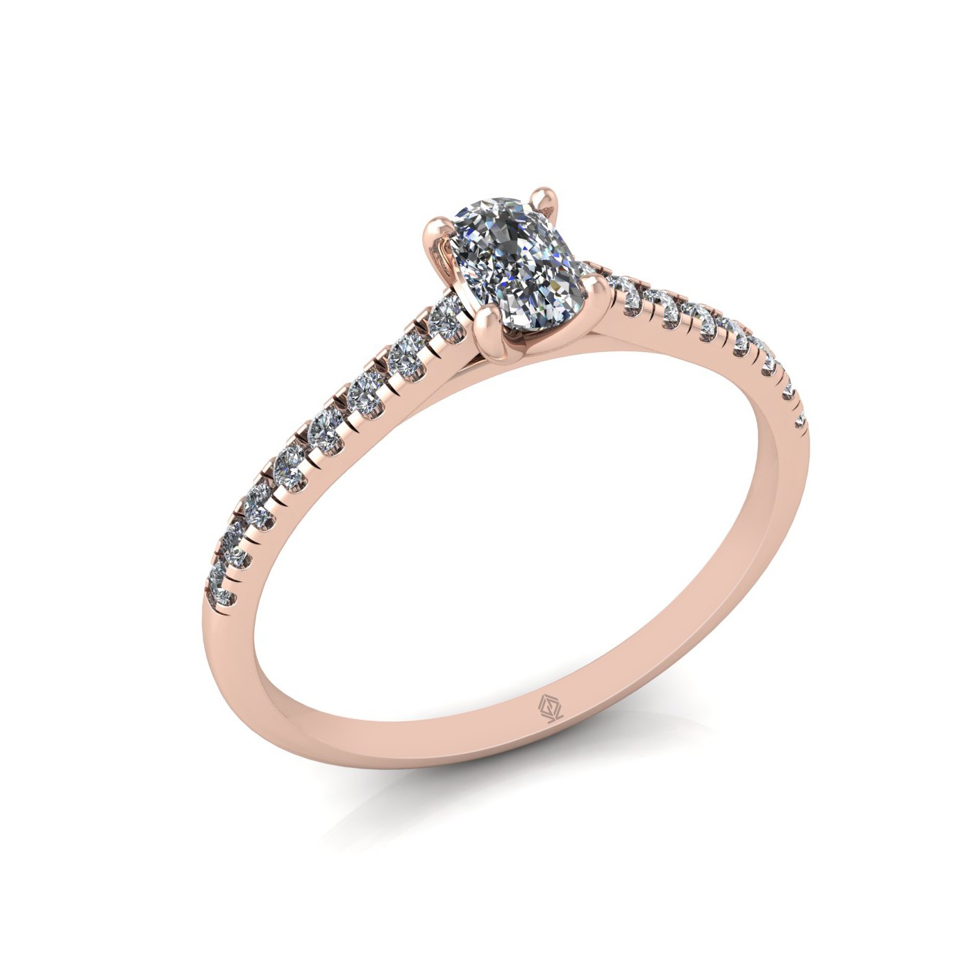 18k rose gold  4 prongs elongated cushion cut diamond engagement ring with whisper thin pavÉ set band