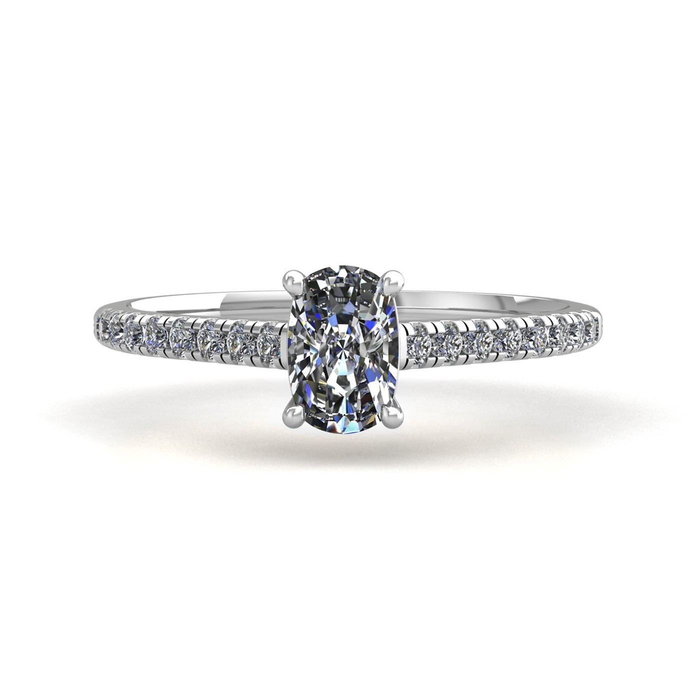 18k white gold  4 prongs cushion cut diamond engagement ring with whisper thin pavÉ set band