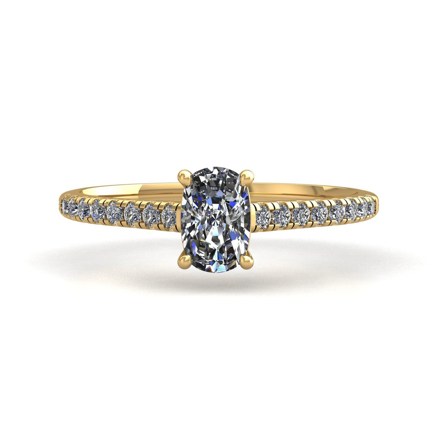 18k yellow gold 0,30 ct 4 prongs cushion cut diamond engagement ring with whisper thin pavÉ set band Photos & images