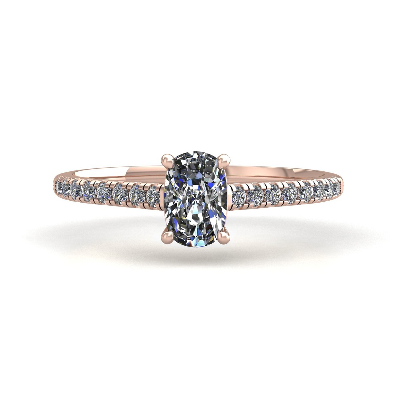 18k rose gold  4 prongs elongated cushion cut diamond engagement ring with whisper thin pavÉ set band Photos & images