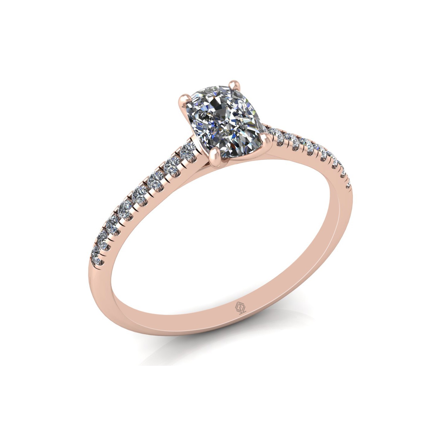18k rose gold  4 prongs cushion cut diamond engagement ring with whisper thin pavÉ set band Photos & images