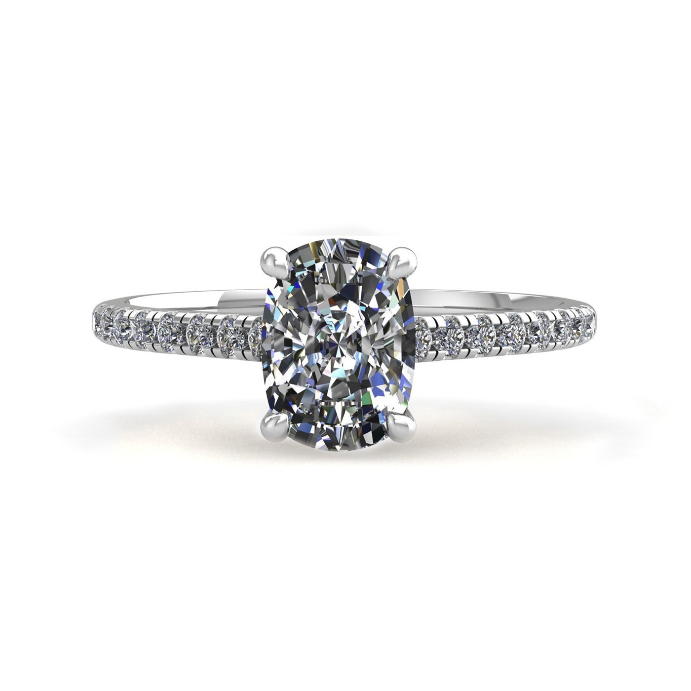 18k white gold  4 prongs elongated cushion cut diamond engagement ring with whisper thin pavÉ set band Photos & images