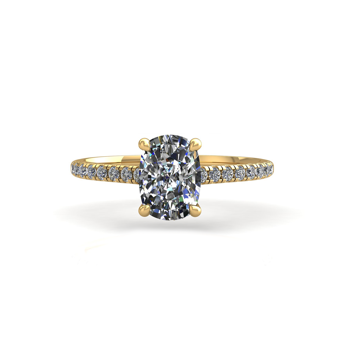 18k yellow gold  4 prongs elongated cushion cut diamond engagement ring with whisper thin pavÉ set band Photos & images