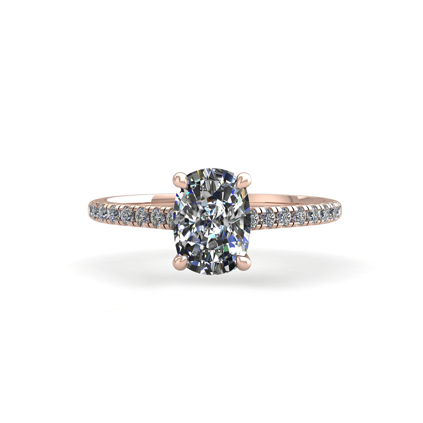 18k rose gold  4 prongs elongated cushion cut diamond engagement ring with whisper thin pavÉ set band Photos & images