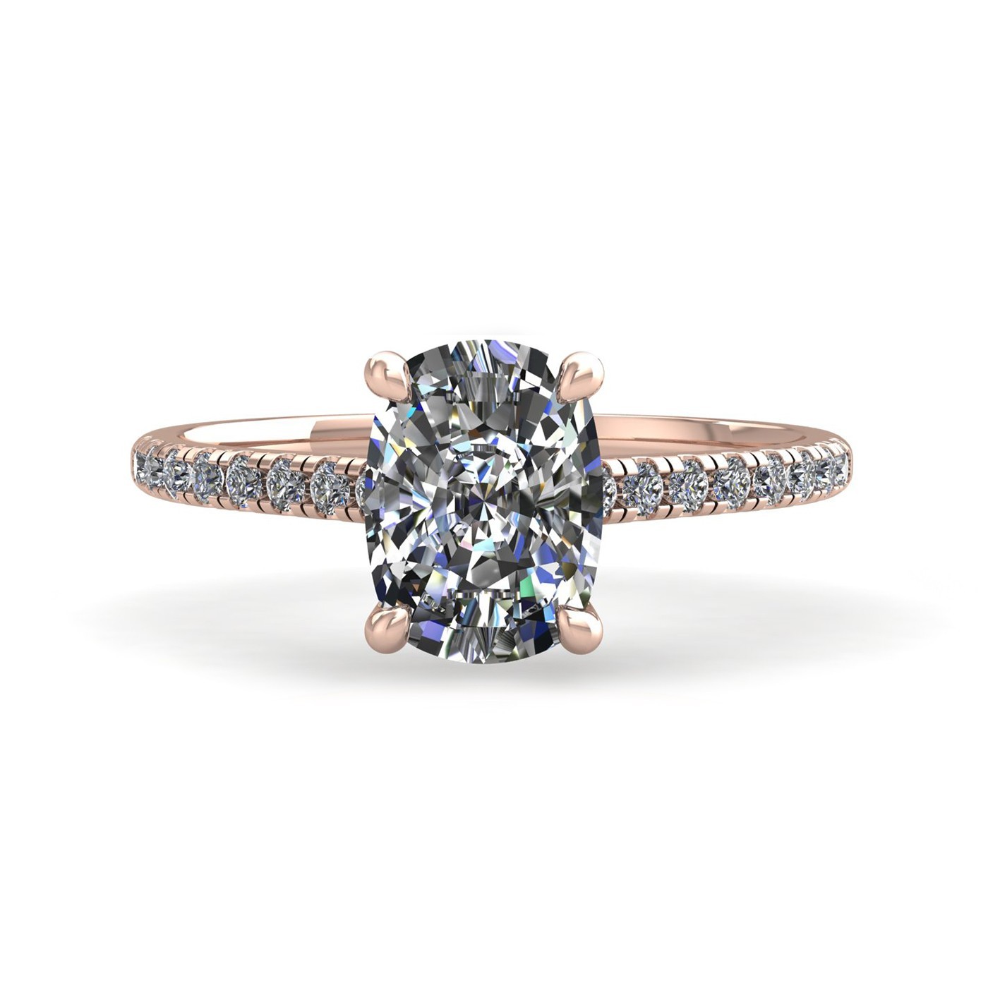 18k rose gold  4 prongs cushion cut diamond engagement ring with whisper thin pavÉ set band
