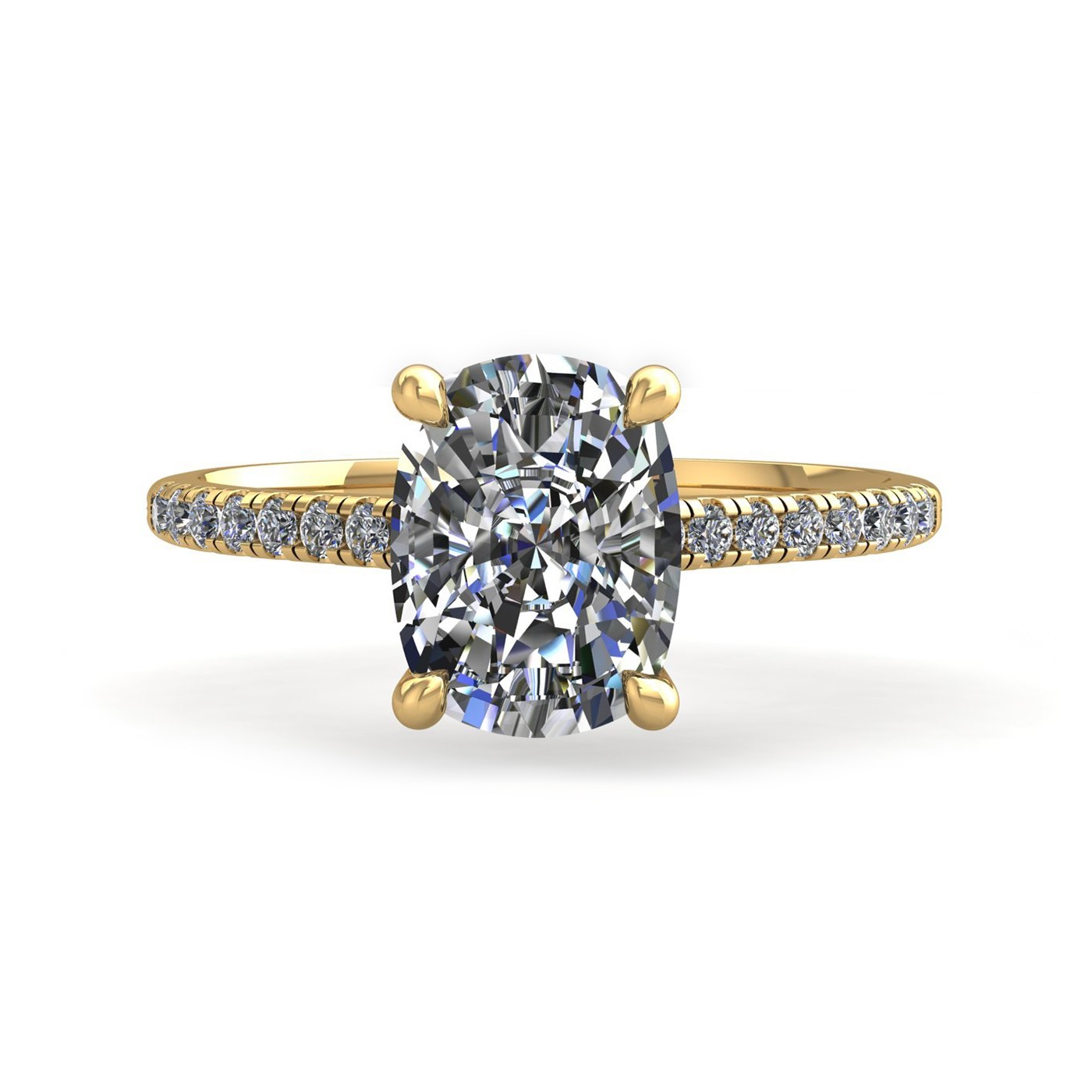 18k yellow gold  4 prongs elongated cushion cut diamond engagement ring with whisper thin pavÉ set band Photos & images