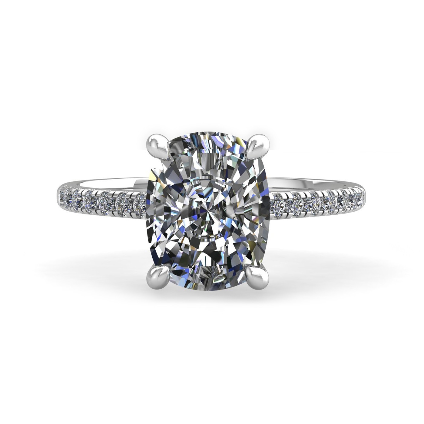 18k white gold  4 prongs cushion cut diamond engagement ring with whisper thin pavÉ set band Photos & images