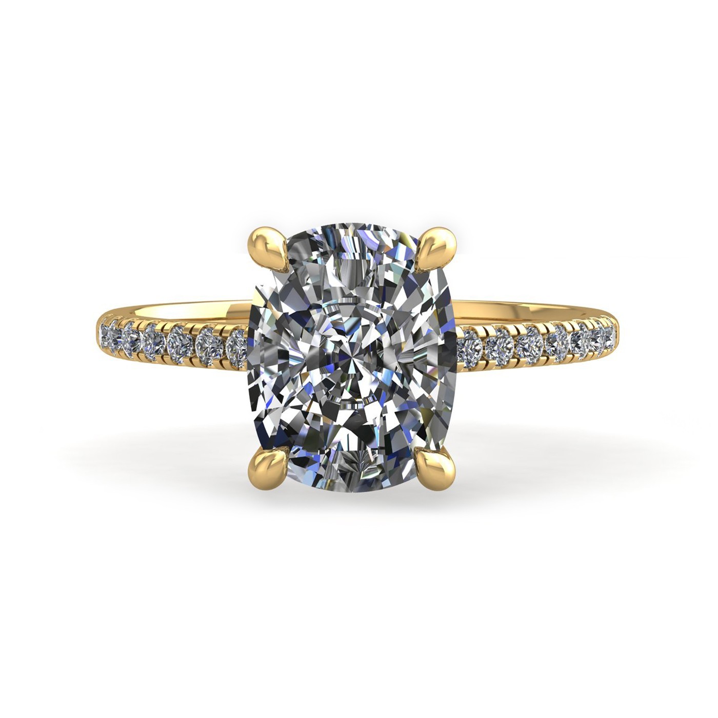 18k yellow gold 0,30 ct 4 prongs cushion cut diamond engagement ring with whisper thin pavÉ set band Photos & images