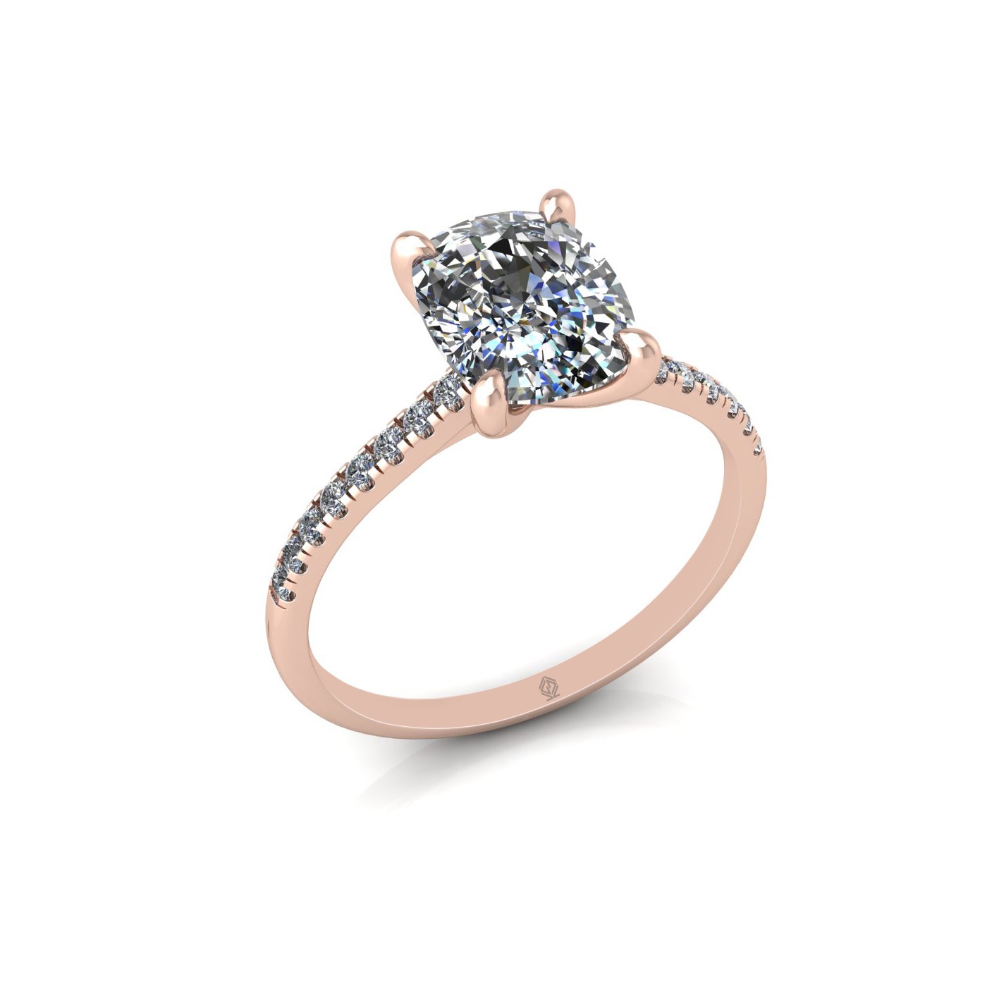 18k rose gold  4 prongs cushion cut diamond engagement ring with whisper thin pavÉ set band Photos & images