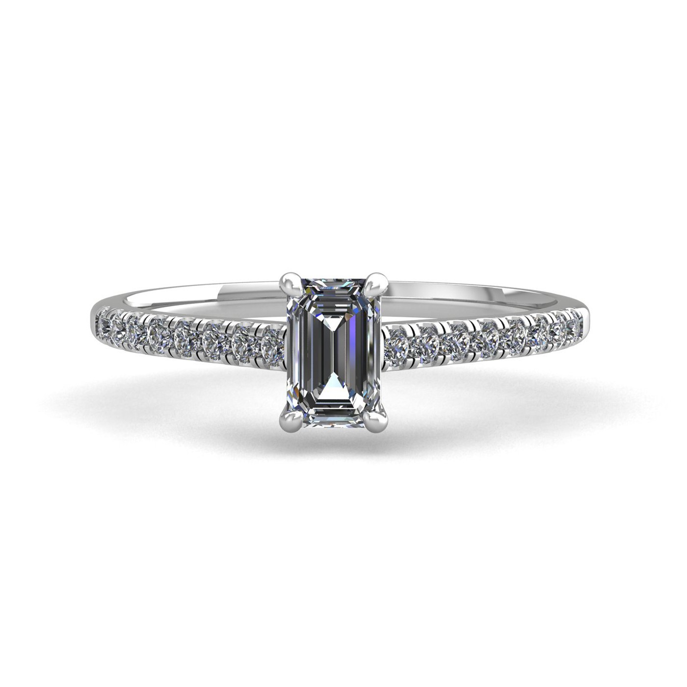 18K WHITE GOLD 0,30 CT 4 PRONGS EMERALD CUT DIAMOND ENGAGEMENT RING WITH WHISPER THIN PAVÉ SET BAND