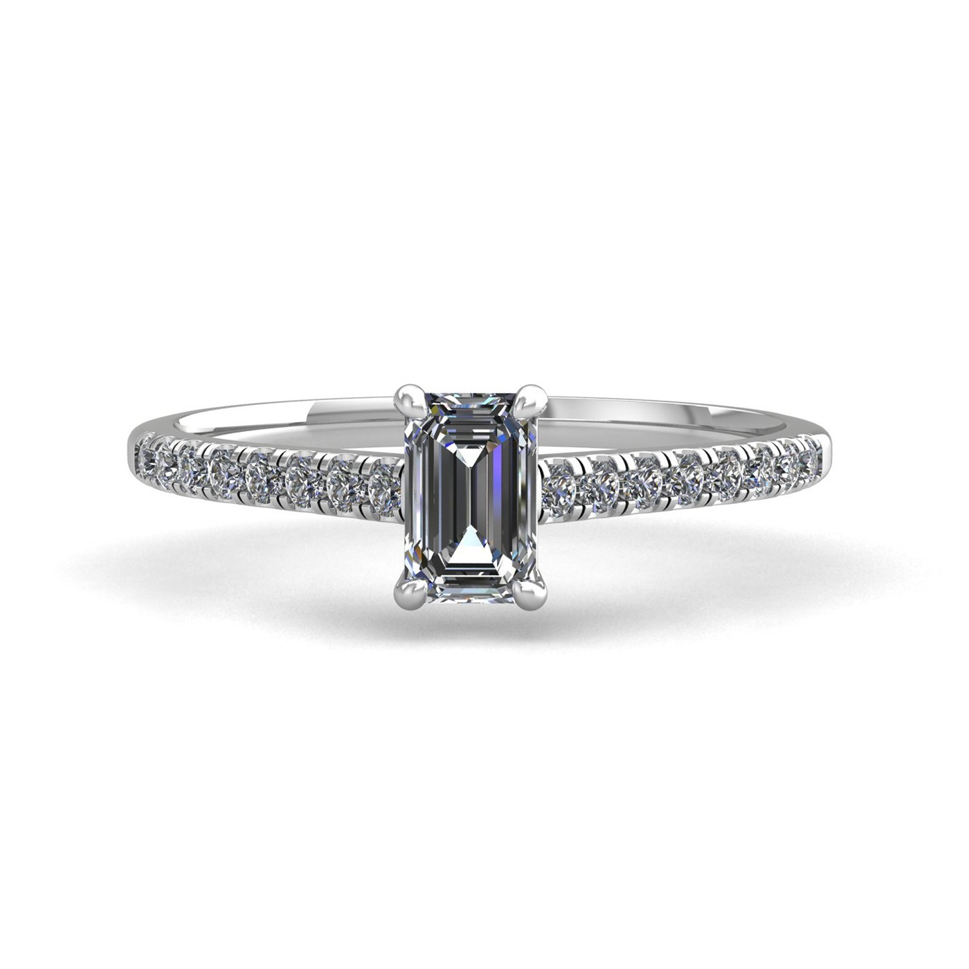 18k white gold 0,30 ct 4 prongs emerald cut diamond engagement ring with whisper thin pavÉ set band