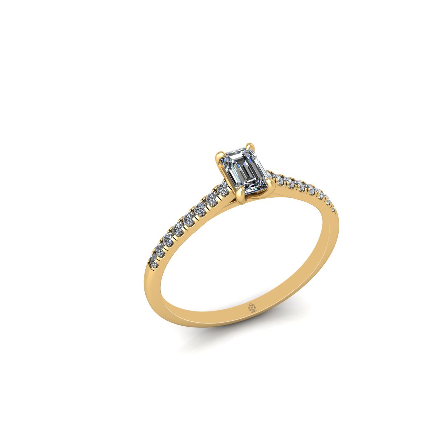 18k yellow gold 0,30 ct 4 prongs emerald cut diamond engagement ring with whisper thin pavÉ set band