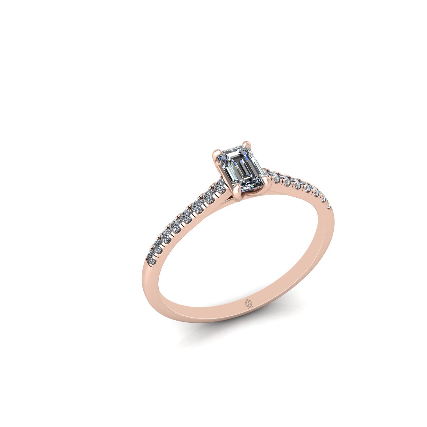18k rose gold  0,30 ct 4 prongs emerald cut diamond engagement ring with whisper thin pavÉ set band