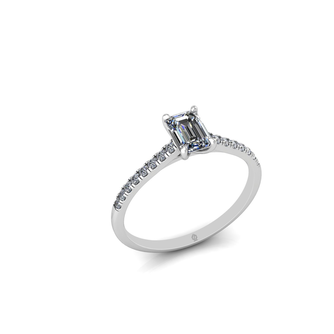 18k white gold  0,50 ct 4 prongs emerald cut diamond engagement ring with whisper thin pavÉ set band