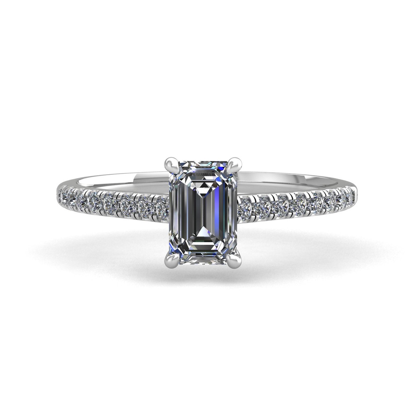 18k white gold 0,30 ct 4 prongs emerald cut diamond engagement ring with whisper thin pavÉ set band Photos & images