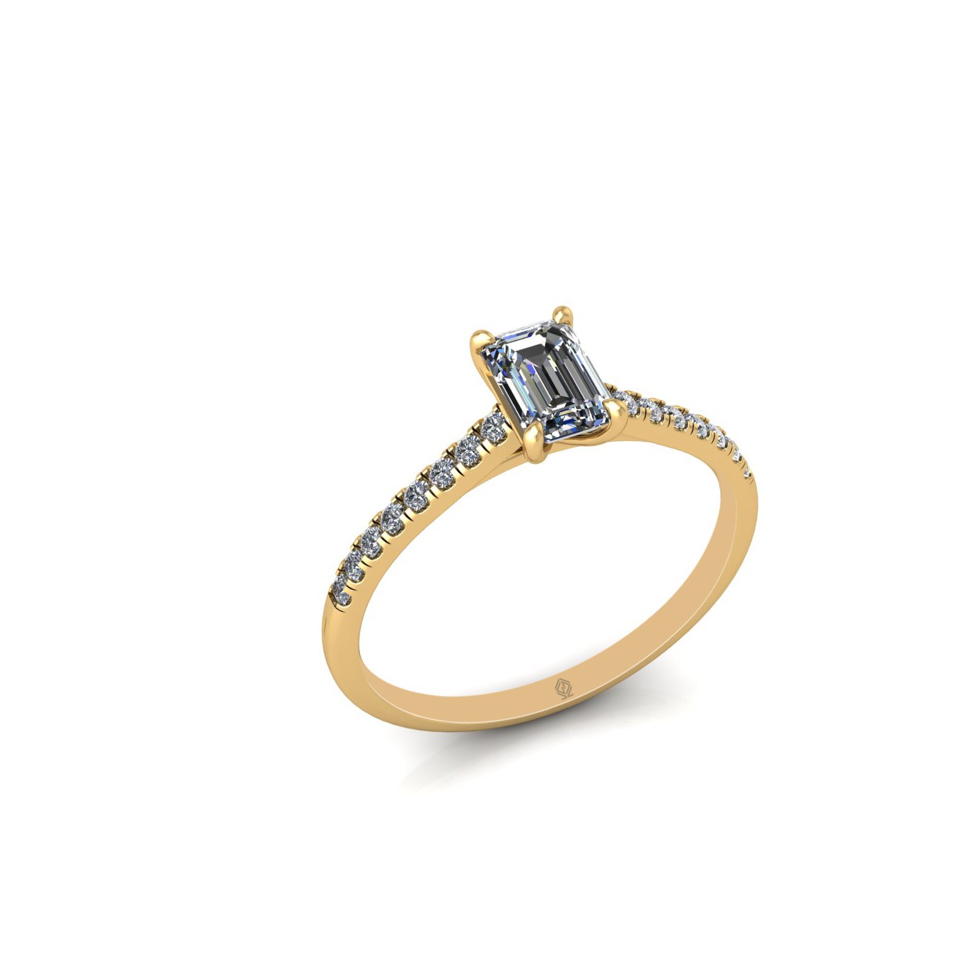 18k yellow gold  0,50 ct 4 prongs emerald cut diamond engagement ring with whisper thin pavÉ set band
