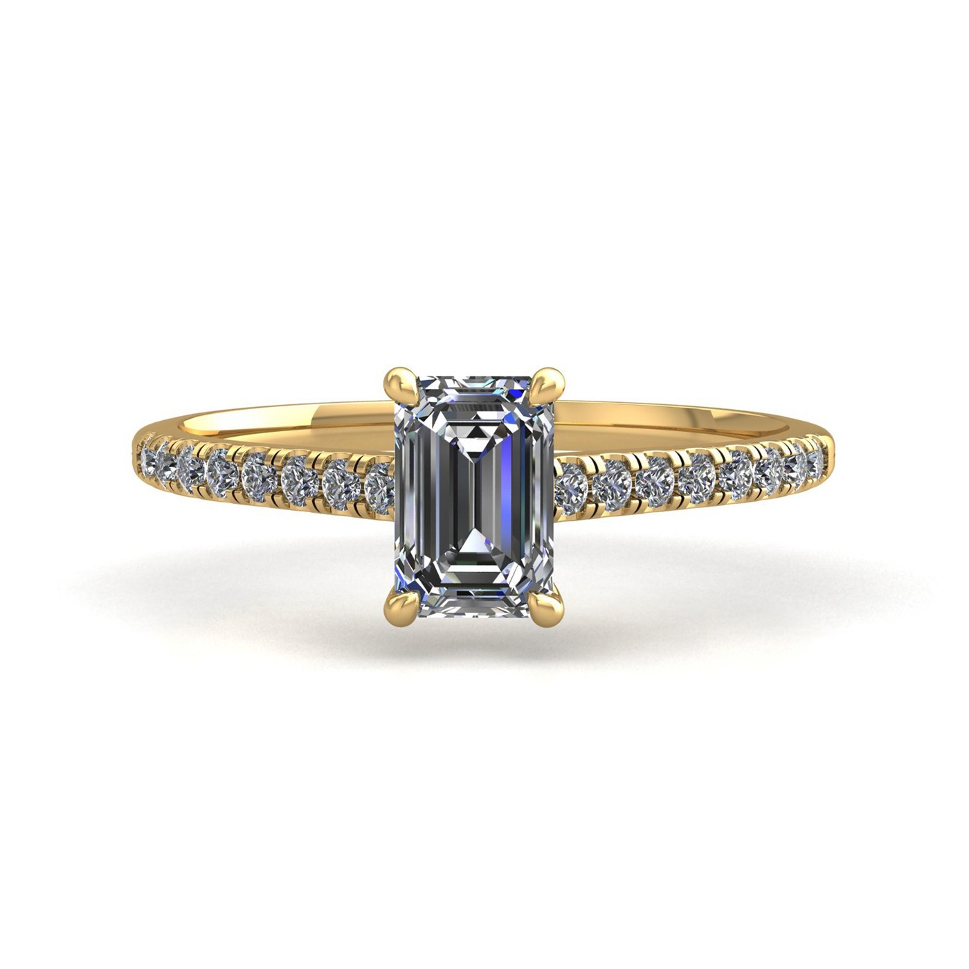 18k yellow gold 2.0ct 4 prongs emerald cut diamond engagement ring with whisper thin pavÉ set band Photos & images