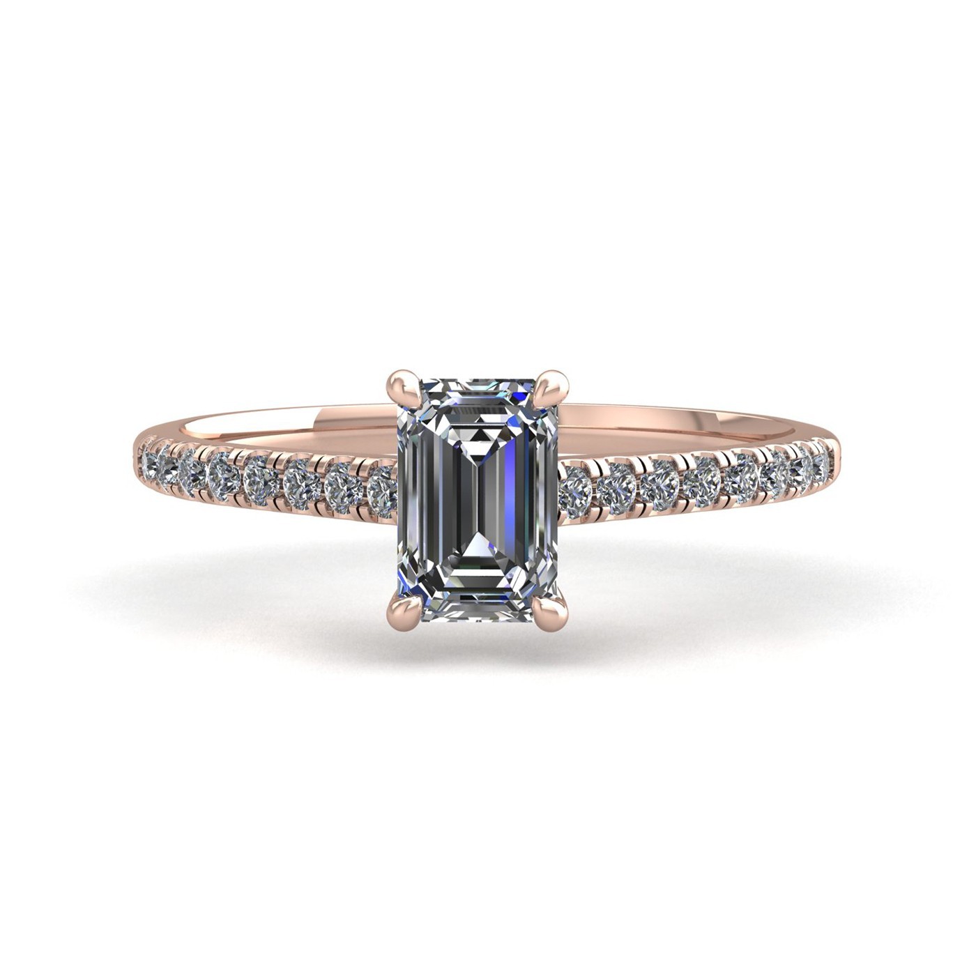 18k rose gold 1.5ct 4 prongs emerald cut diamond engagement ring with whisper thin pavÉ set band Photos & images