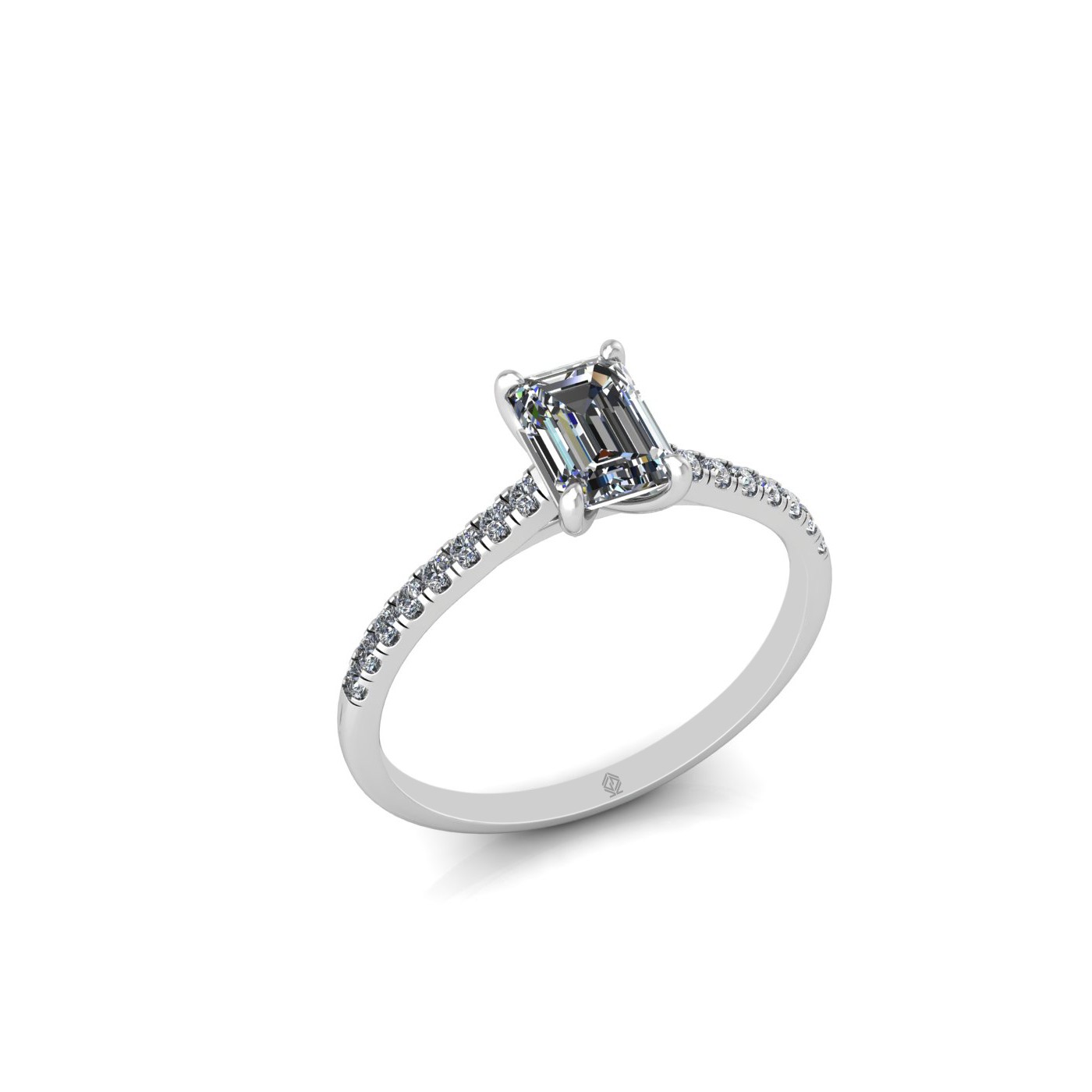 18k white gold  0,80 ct 4 prongs emerald cut diamond engagement ring with whisper thin pavÉ set band
