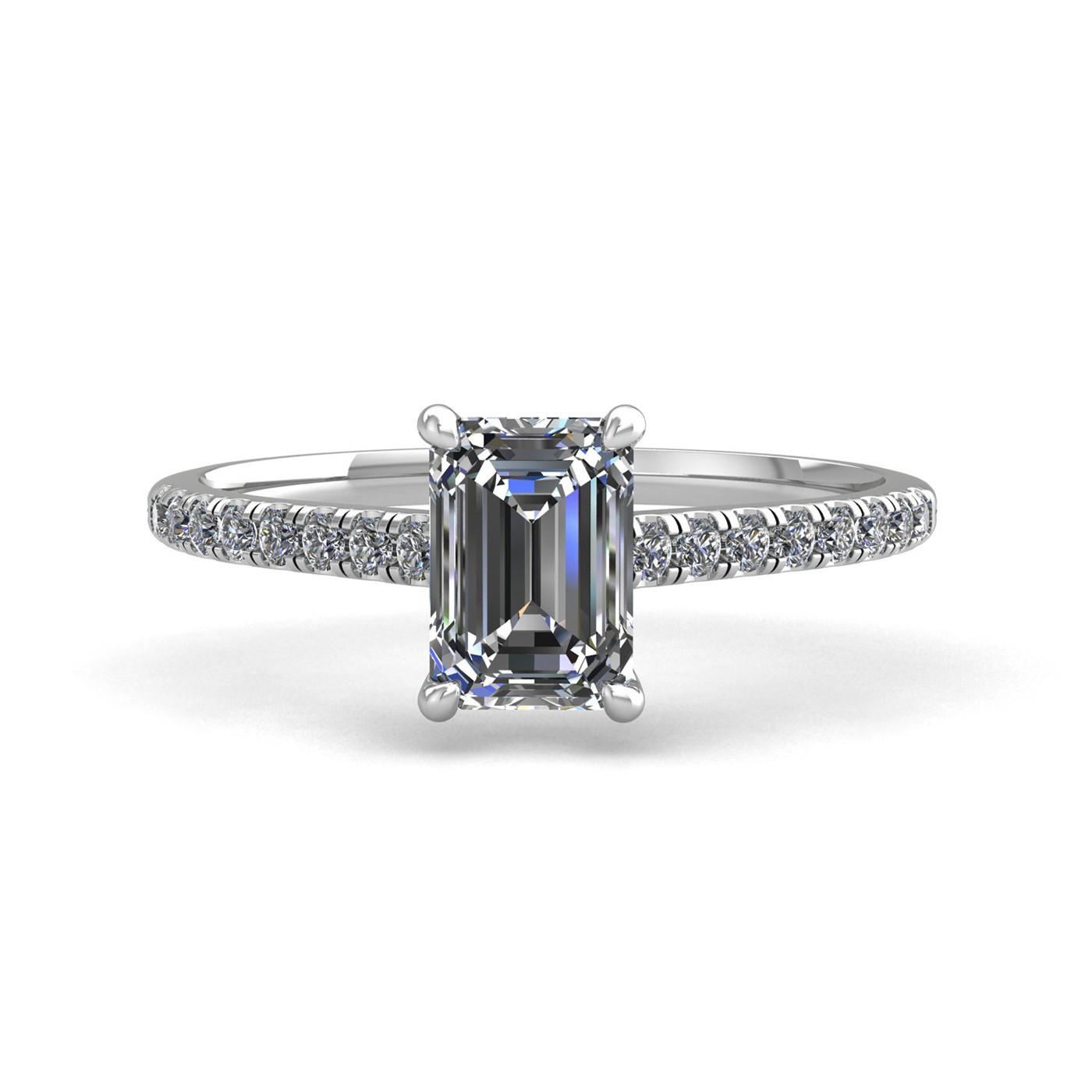 18k white gold 2.0ct 4 prongs emerald cut diamond engagement ring with whisper thin pavÉ set band Photos & images