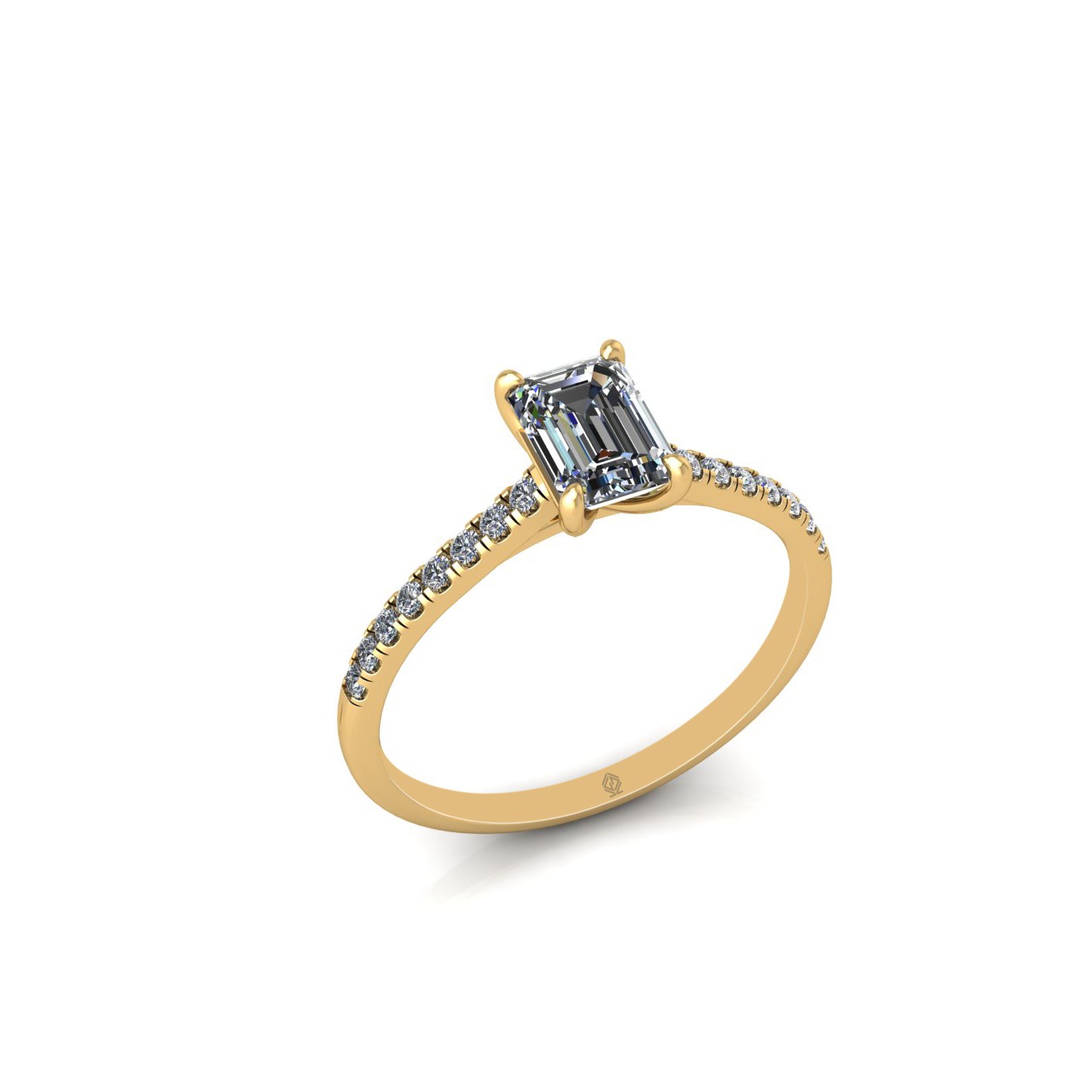 18k yellow gold  0,30 ct 4 prongs emerald cut diamond engagement ring with whisper thin pavÉ set band Photos & images