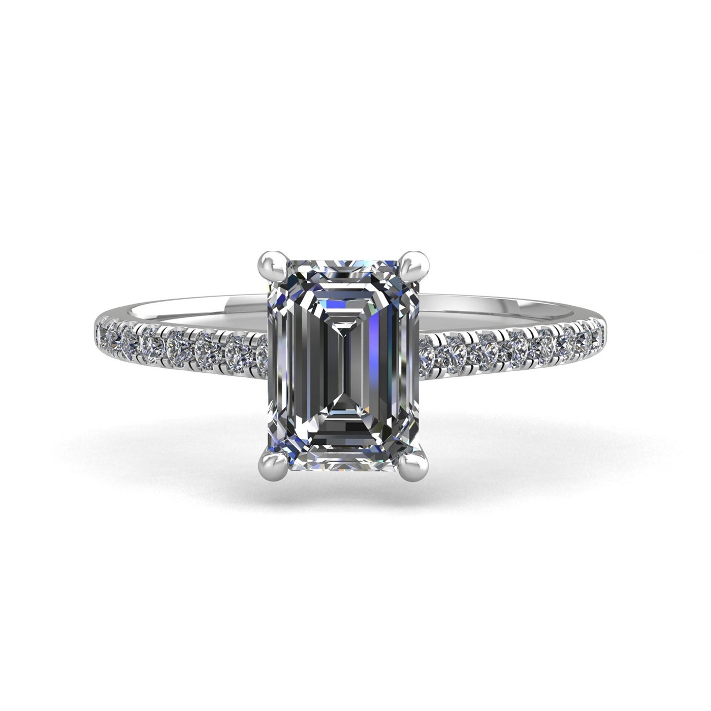 18k white gold 1.0ct 4 prongs emerald cut diamond engagement ring with whisper thin pavÉ set band