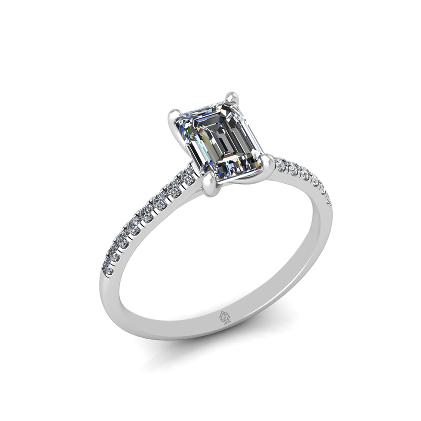 18k white gold 1.0ct 4 prongs emerald cut diamond engagement ring with whisper thin pavÉ set band