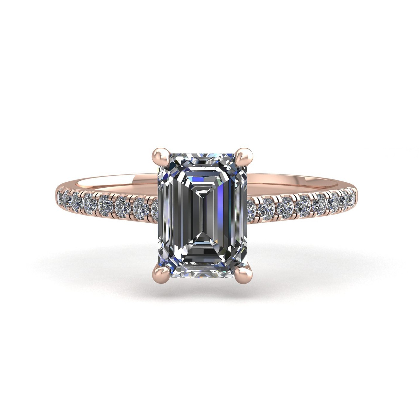 18k rose gold 1.0ct 4 prongs emerald cut diamond engagement ring with whisper thin pavÉ set band