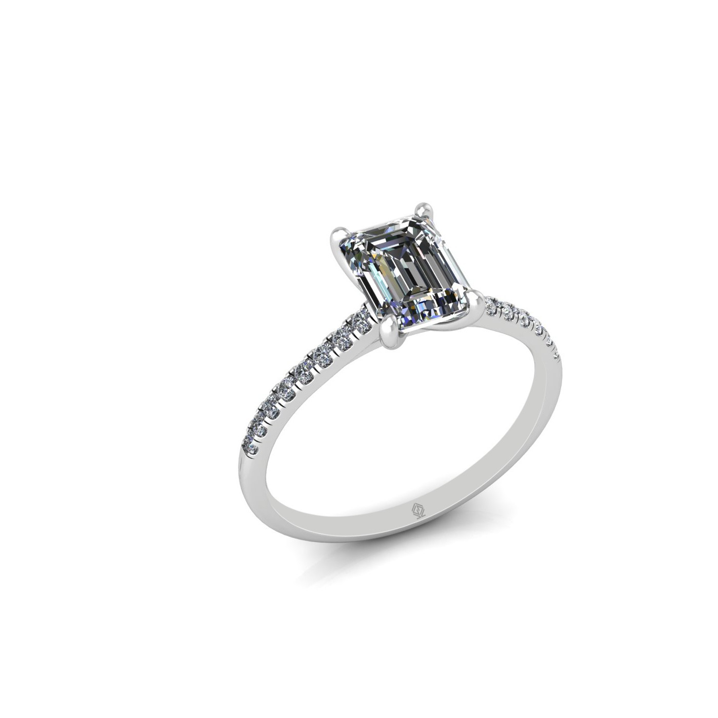 18k white gold 1.20ct 4 prongs emerald cut diamond engagement ring with whisper thin pavÉ set band