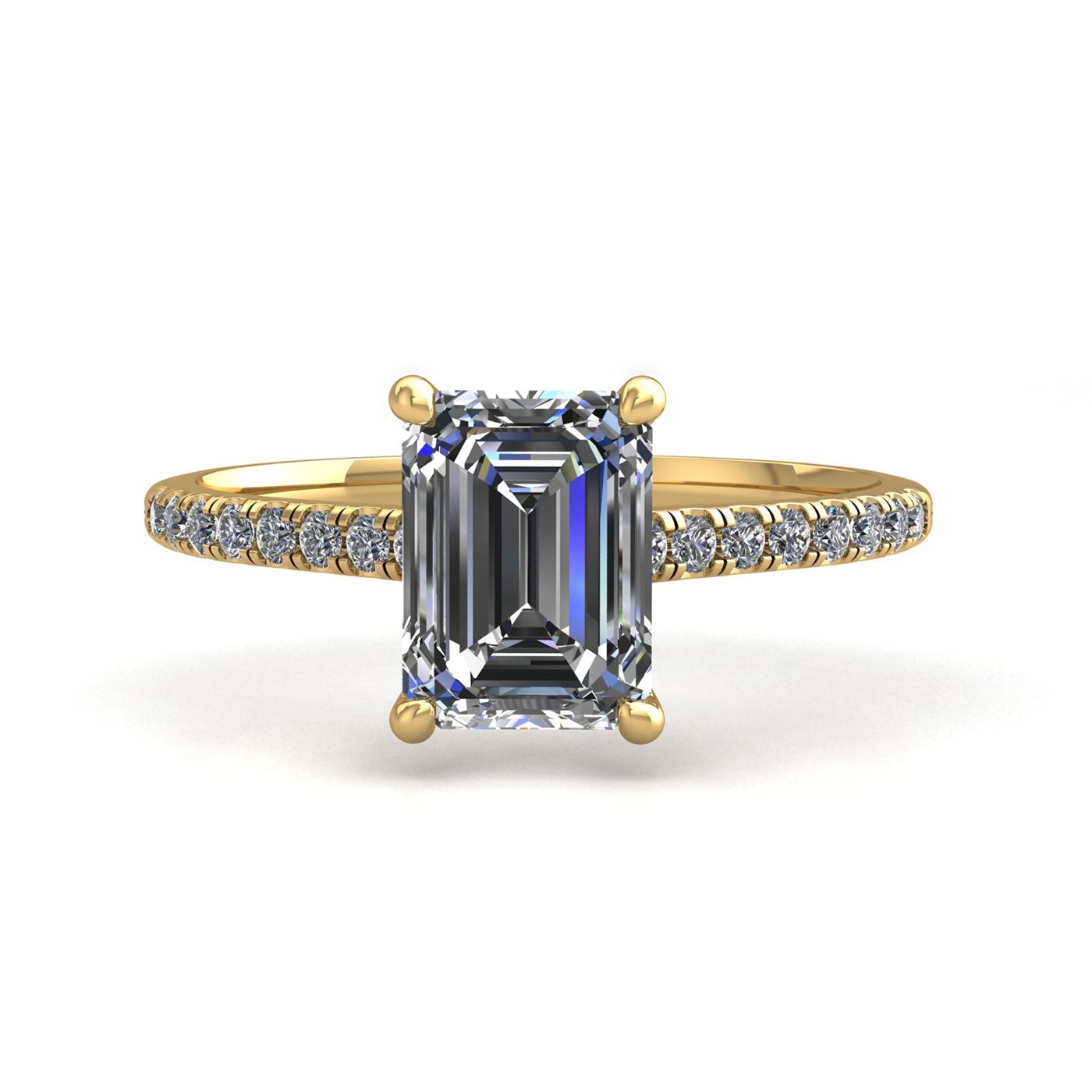18k yellow gold 1.2ct 4 prongs emerald cut diamond engagement ring with whisper thin pavÉ set band Photos & images