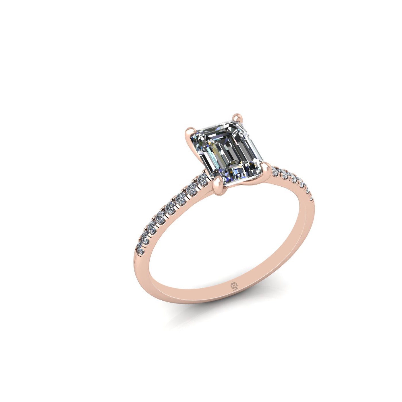 18k rose gold 1.2ct 4 prongs emerald cut diamond engagement ring with whisper thin pavÉ set band Photos & images