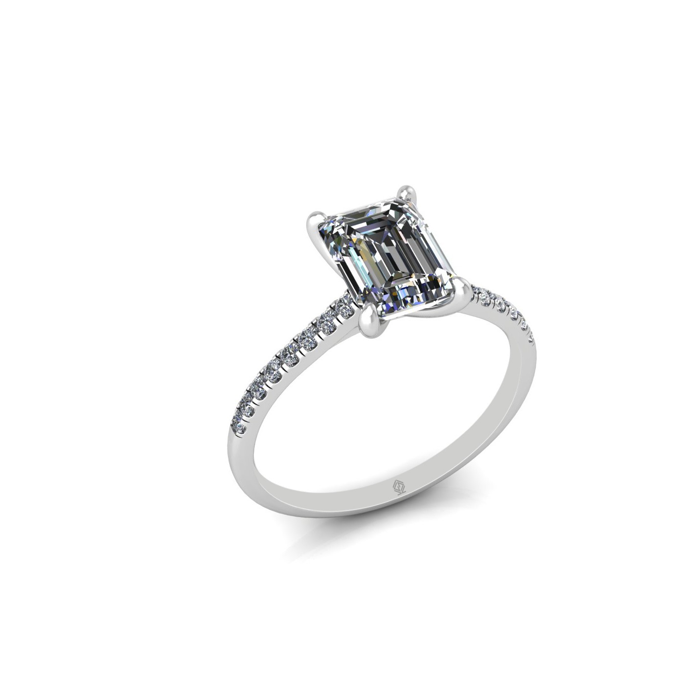 18k white gold 1.5ct 4 prongs emerald cut diamond engagement ring with whisper thin pavÉ set band